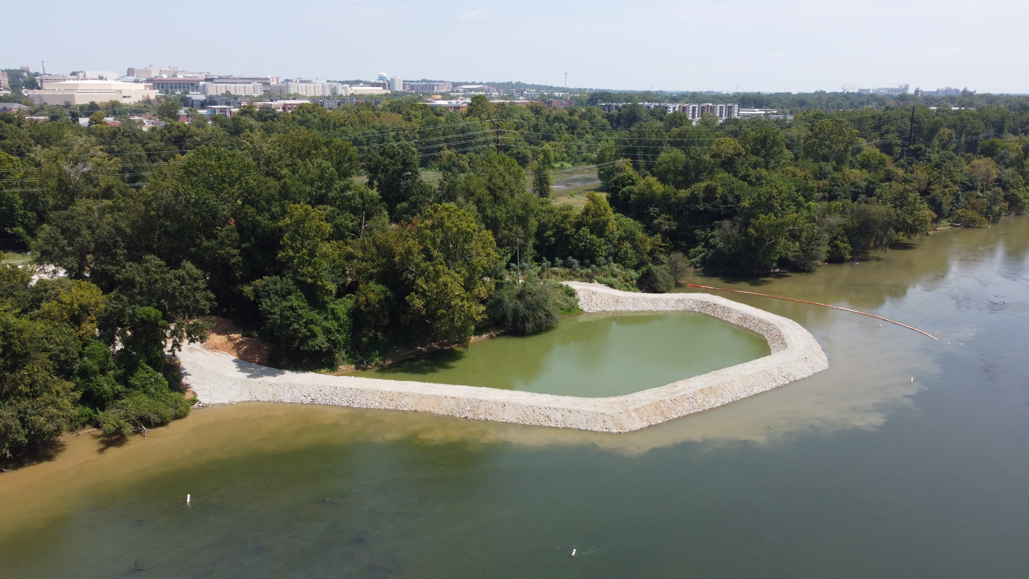 cofferdam in Congaree River being armored with concrete