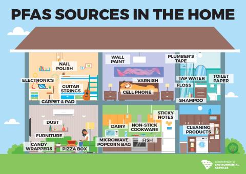 a graphic depiction of where PFAS sources can be found in the home